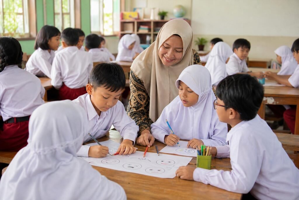 Guru mendampingi siswa berdiskusi dan mengenali emosi dalam suasana kelas yang aman