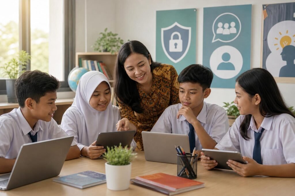 Siswa belajar keamanan digital bersama guru di ruang kelas dengan perangkat digital