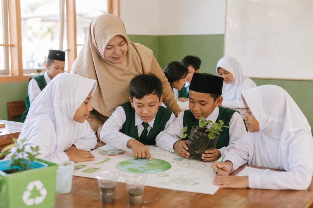 Siswa bekerja sama menyusun proyek lingkungan di kelas dengan bimbingan guru