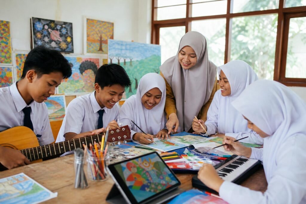Siswa sekolah bekerja sama membuat karya seni dengan bimbingan guru di ruang kelas