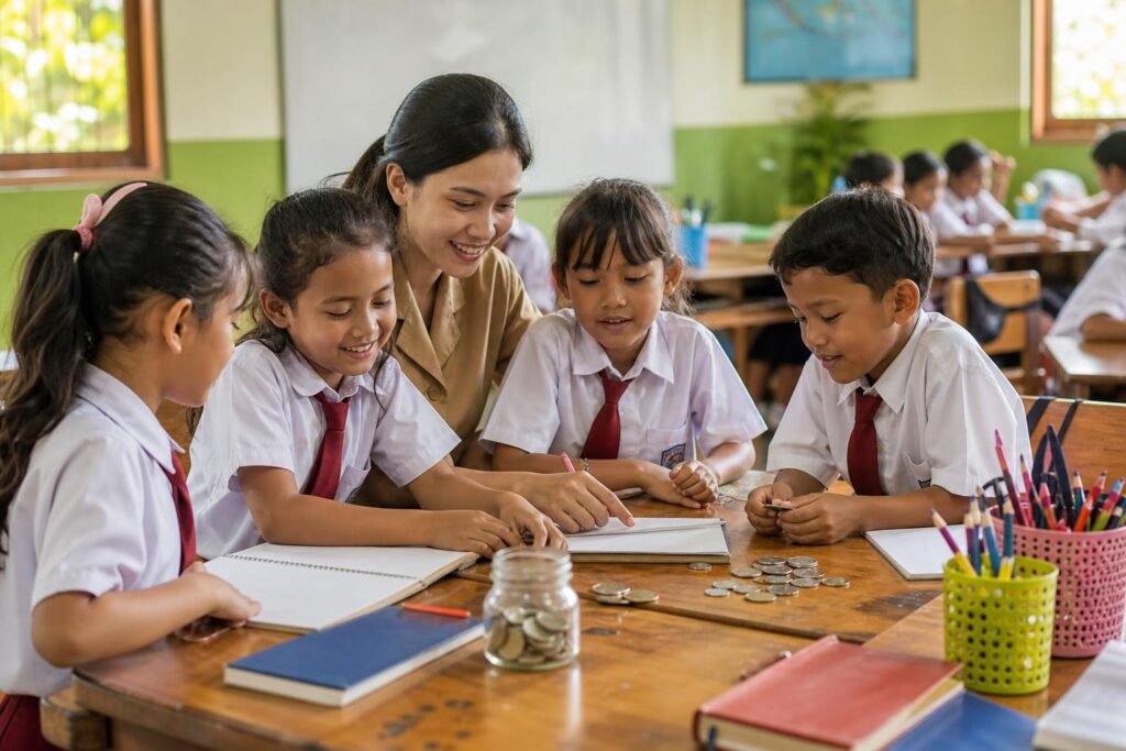 Siswa berdiskusi dan mencatat rencana penggunaan uang sederhana bersama guru di ruang kelas