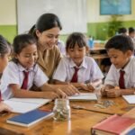 Siswa berdiskusi dan mencatat rencana penggunaan uang sederhana bersama guru di ruang kelas