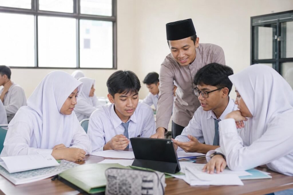 Siswa madrasah bekerja sama dalam pembelajaran kelompok bersama guru di kelas yang hangat dan inklusif