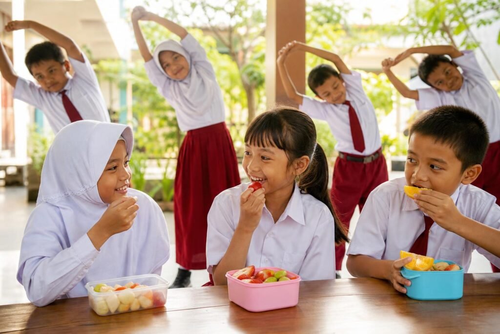 Siswa berseragam melakukan persiapan pagi dan aktivitas sehat di lingkungan sekolah