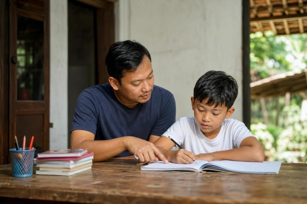 Orang tua mendampingi siswa sekolah dasar belajar di meja rumah dengan suasana tenang