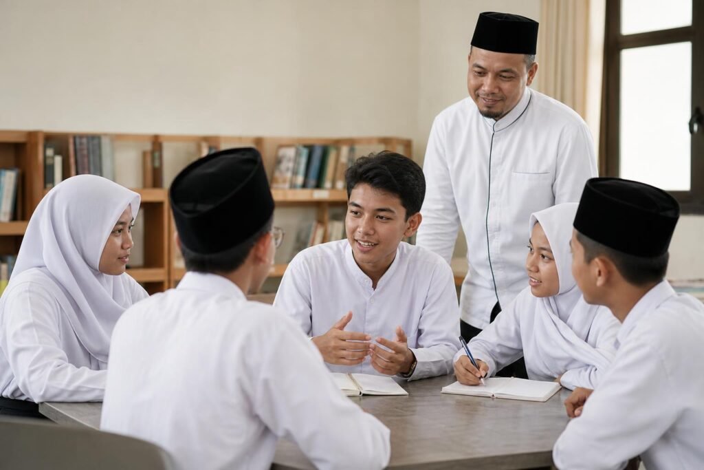 Siswa dalam kelompok kecil berdiskusi dengan pembagian peran sementara guru memantau proses belajar