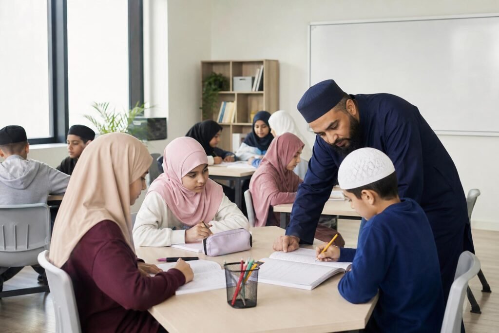 Guru mendampingi siswa dalam kegiatan belajar dengan aktivitas dan dukungan yang beragam di ruang kelas
