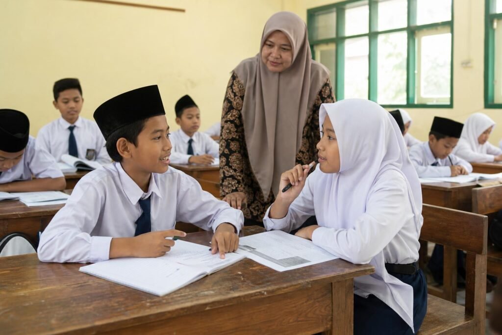 Siswa bekerja berpasangan dengan lembar kerja sementara guru memantau kegiatan belajar di kelas