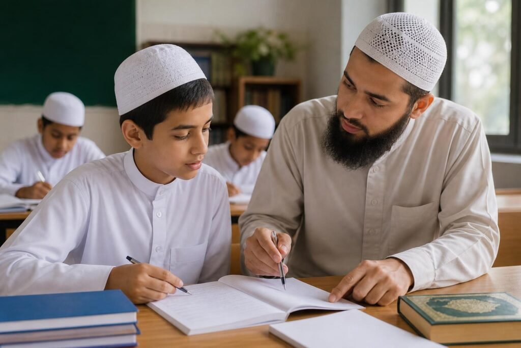 Guru mendampingi siswa meninjau dan memperbaiki tugas di ruang kelas