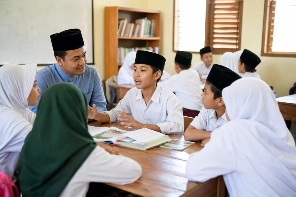 Siswa berdiskusi dalam kelompok kecil sementara guru membimbing kegiatan berbicara dan mendengarkan di kelas.