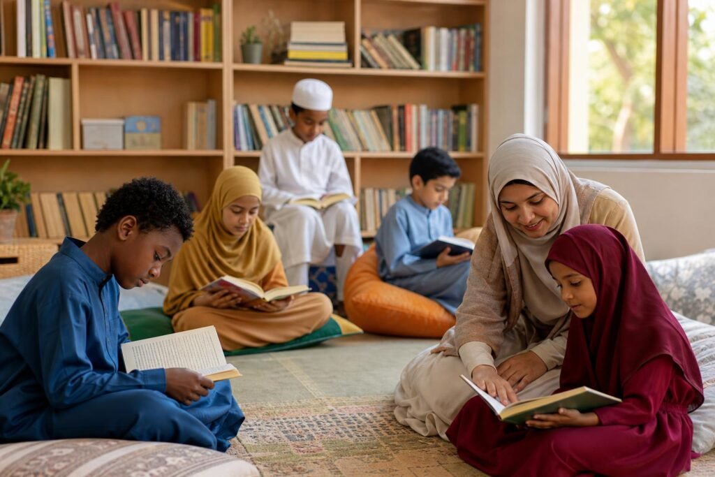 Siswa membaca dan berdiskusi bersama guru di sudut baca sekolah yang nyaman
