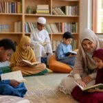 Siswa membaca dan berdiskusi bersama guru di sudut baca sekolah yang nyaman