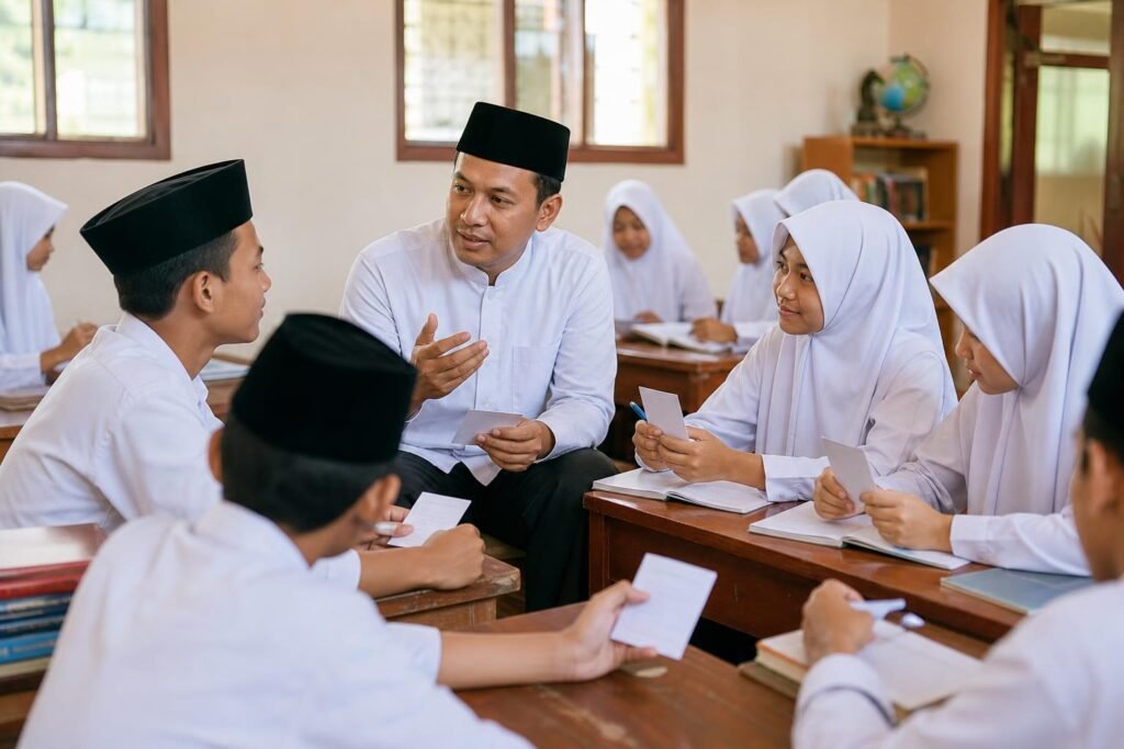 Guru memandu diskusi kelas dengan siswa yang menunjukkan kartu respons dan menulis jawaban